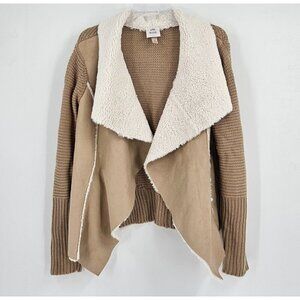 Knox Rose Womens M Open Front Faux Suede Shearling Tan Cardigan Sweater Jacket